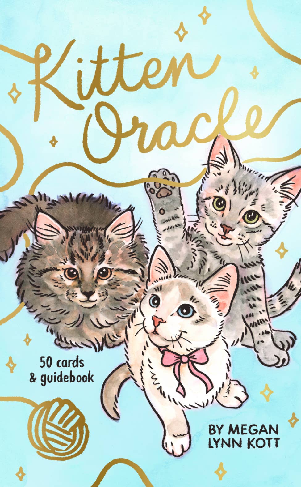 Kitten Oracle 50-card oracle deck and guidebook with illustrated kittens and gold text on blue background.