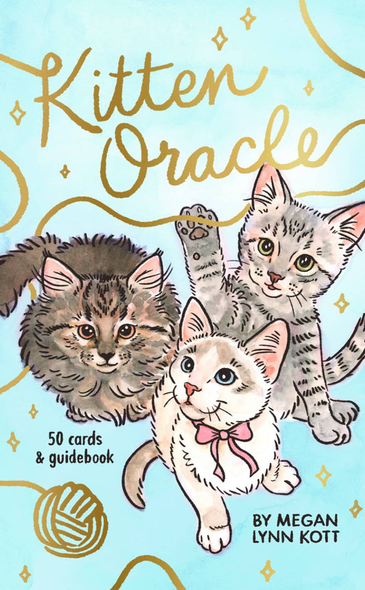 Kitten Oracle 50-card oracle deck and guidebook with illustrated kittens and gold text on blue background.