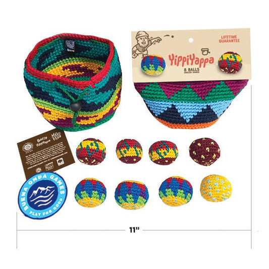 Canastaball (YippiYappa) set with colorful woven basket and 8 patterned hacky sacks.