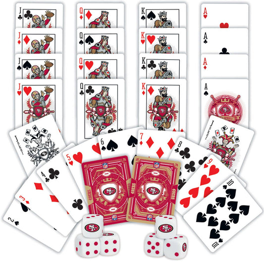 Casino-style playing cards, two red dice, and San Francisco 49ers-themed cards and chips.