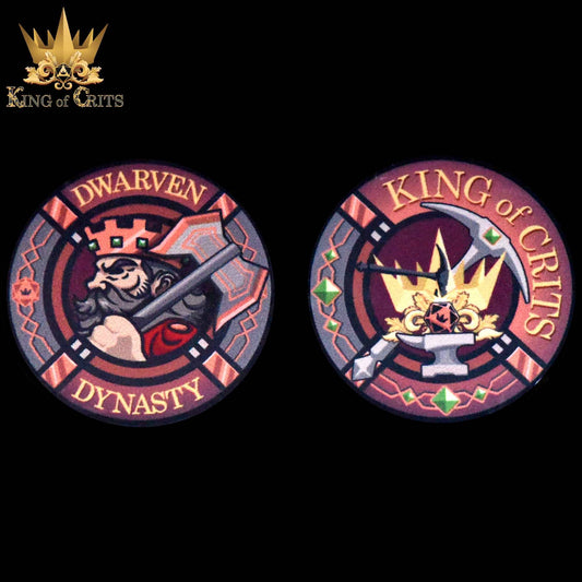 Round badges featuring a crowned dwarf and anvil sword themed for Dwarven Dynasty - 11 Dice Set fans.
