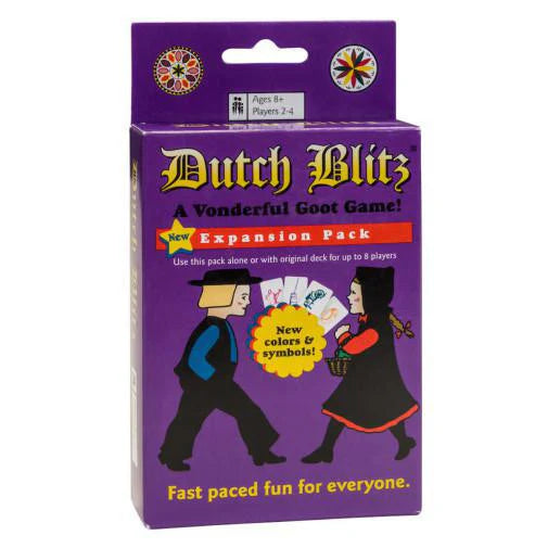 Dutch Blitz Purple Expansion Pack with colorful cards, new colors and symbols, and illustrated figures.