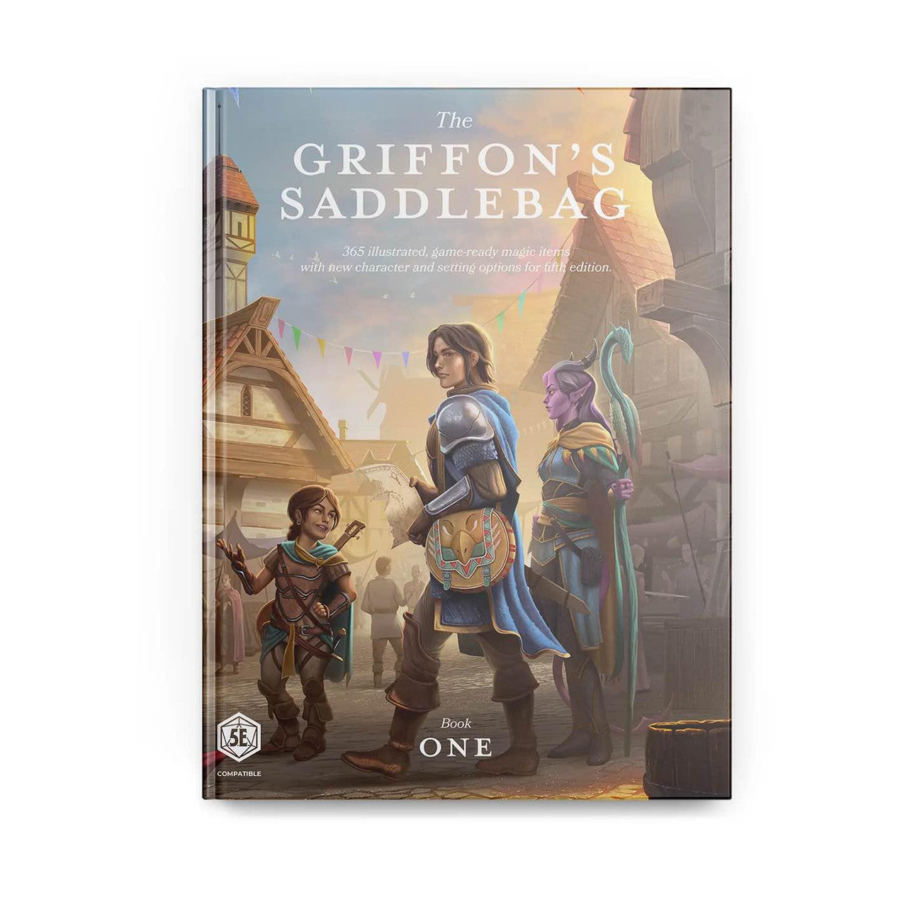 The Griffons Saddlebag Book One cover for D&D 5E featuring three fantasy characters in a medieval market.