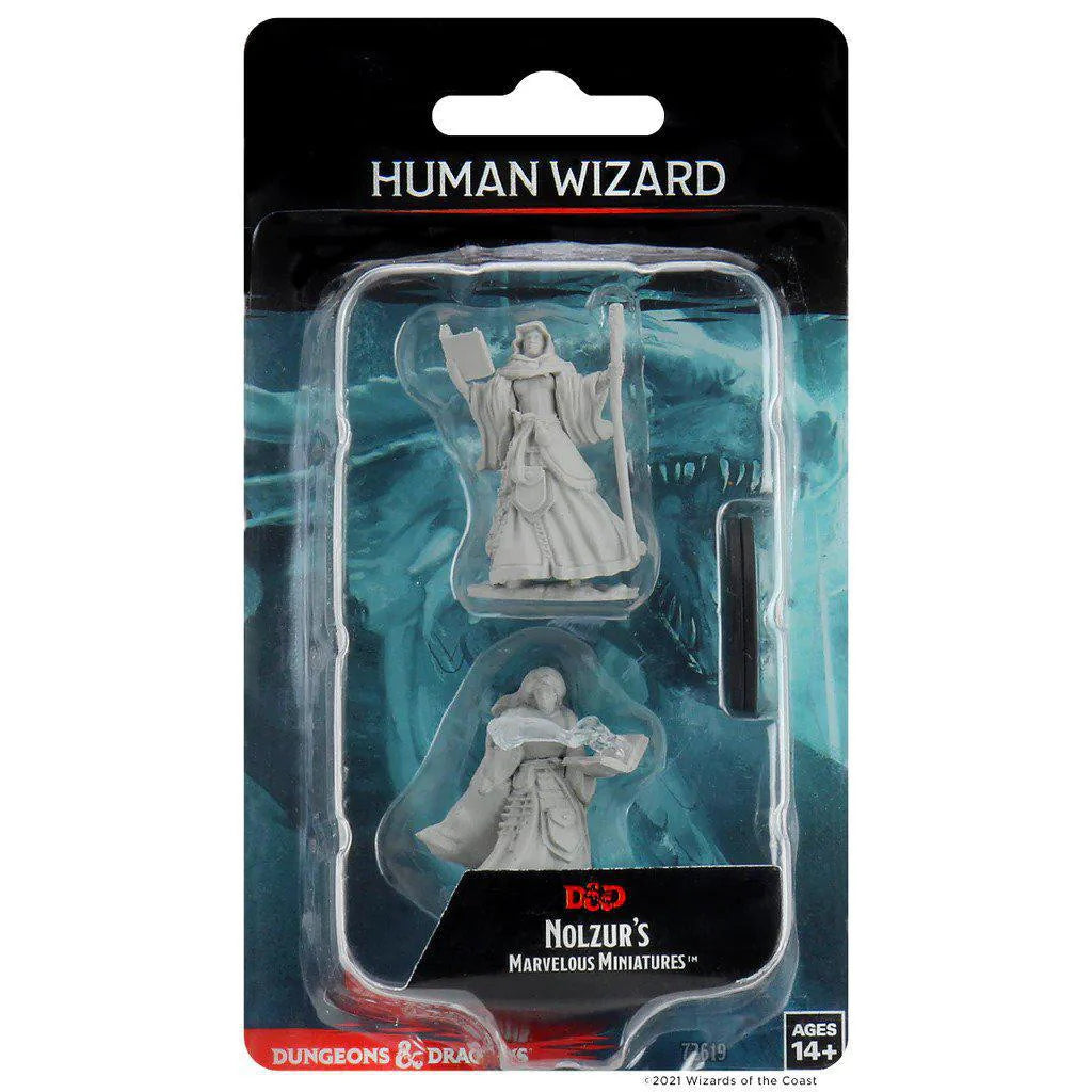 Unpainted D&D Nolzurs Human Female Wizard miniature.