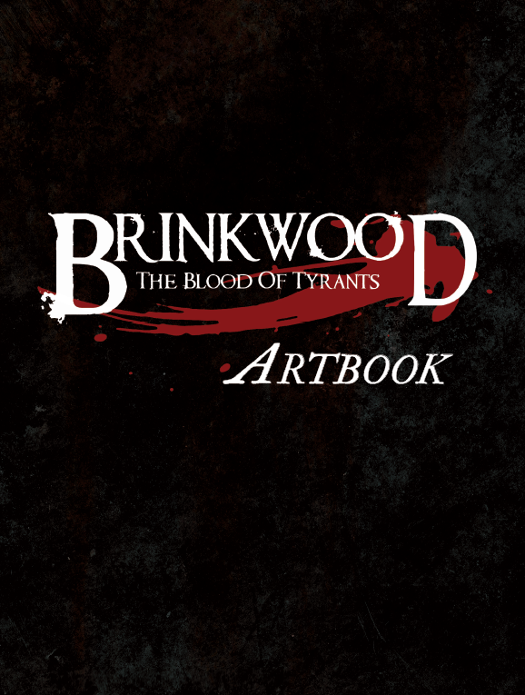 Brinkwood Artbook with black cover, distressed texture, and white and red text for fantasy tabletop roleplaying art.