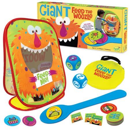 Giant Feed The Woozle game with monster target, spoons, dice, chips, and storage bag.