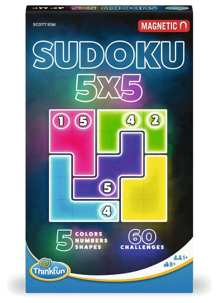 Sudoku 5x5 Magnetic Travel Puzzle with colorful pieces, 60 challenges, for ages 8+, in a compact travel box.