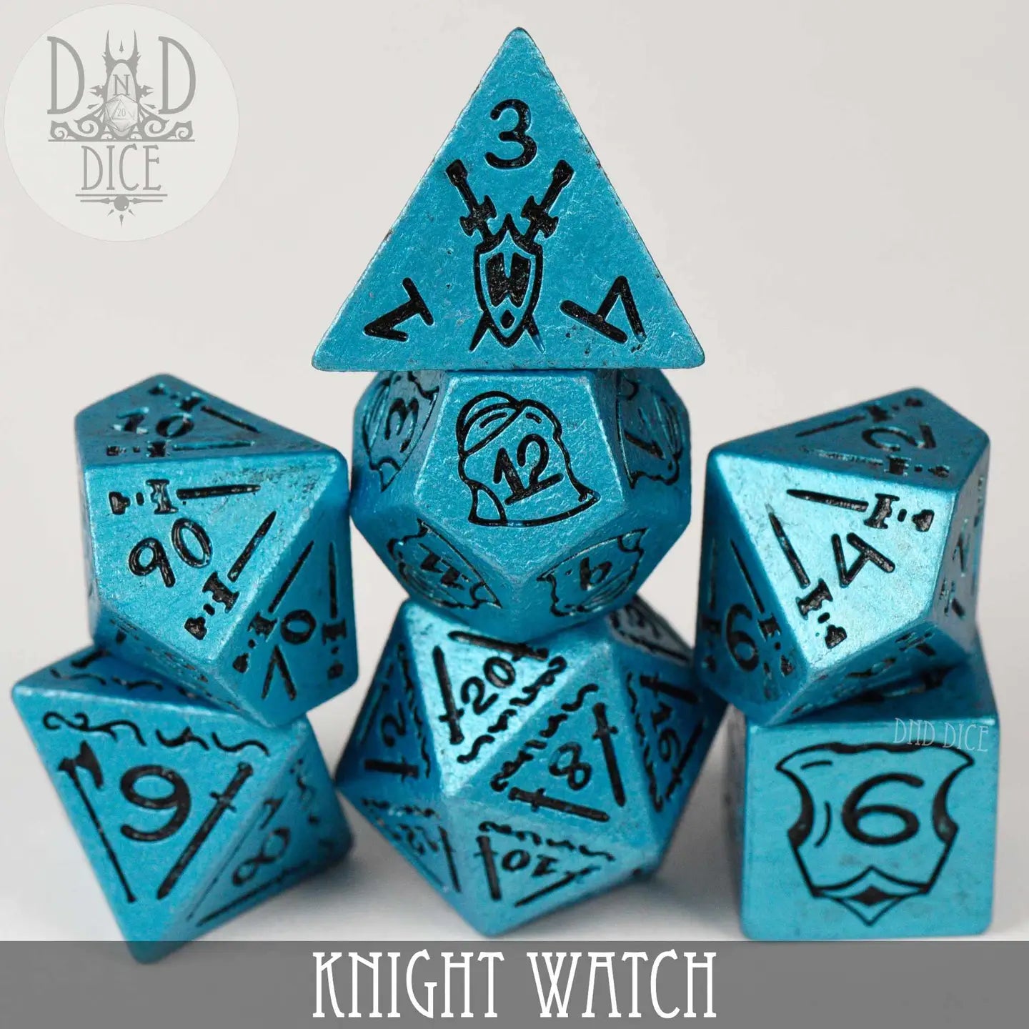 Metallic blue polyhedral dice with black markings, labeled Knight Watch Dice Set.