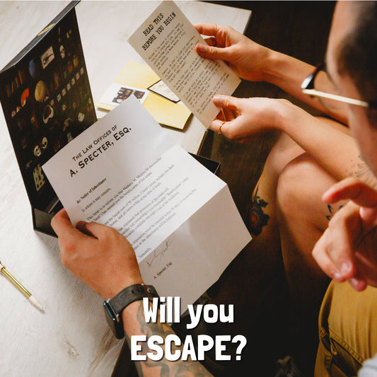 Person reading a clue from Madame Medoras House of Curiosities Escape-Room Board Game.