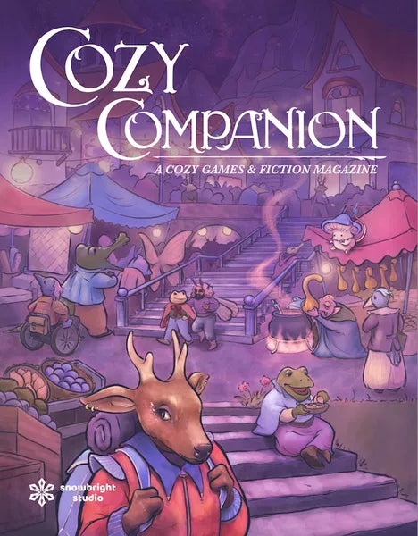 Cozy Companion Mushby Mysteries by Snowbright Studio with anthropomorphic animals in a pastel market scene.