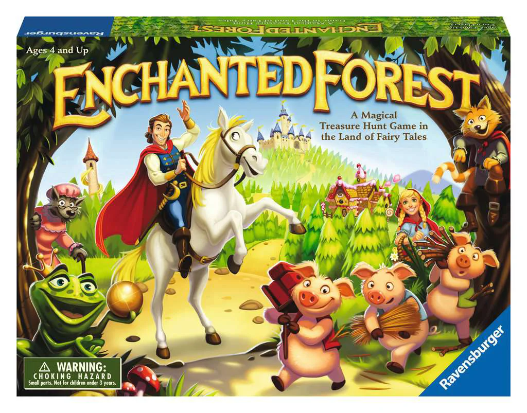 Enchanted Forest board game box featuring magical characters, a castle, and a prince in a forest setting.
