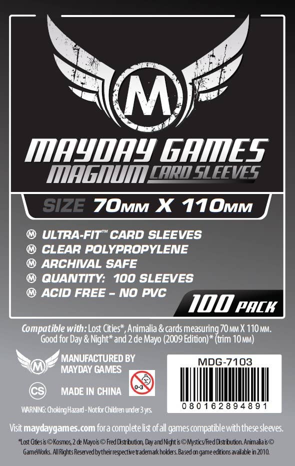 Mayday Games Magnum Silver Sleeves, 70x110mm card size, 100 pack for Lost Cities.