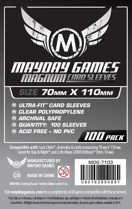 Mayday Games Magnum Silver Sleeves, 70x110mm card size, 100 pack for Lost Cities.