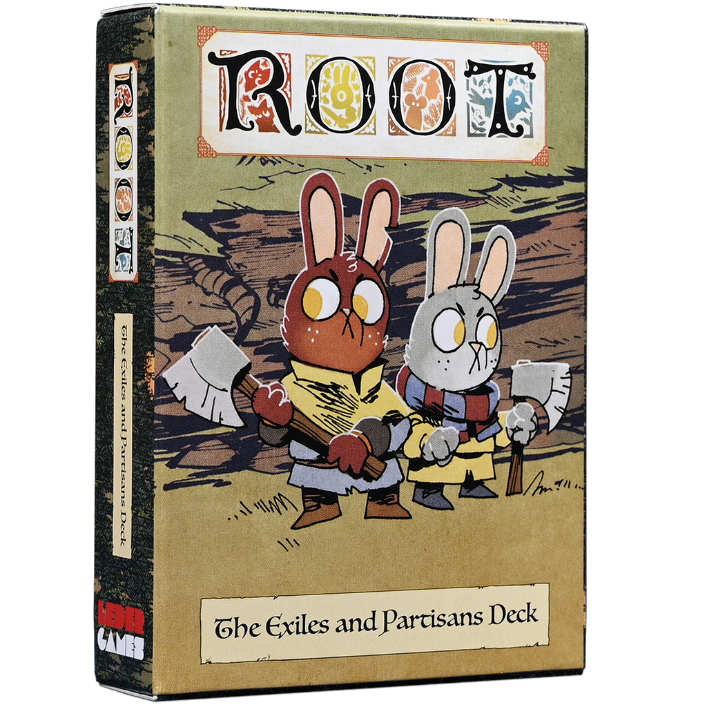 Root The Exiles and Partisans Deck for Root board game, showing two illustrated rabbits with axes on the packaging.