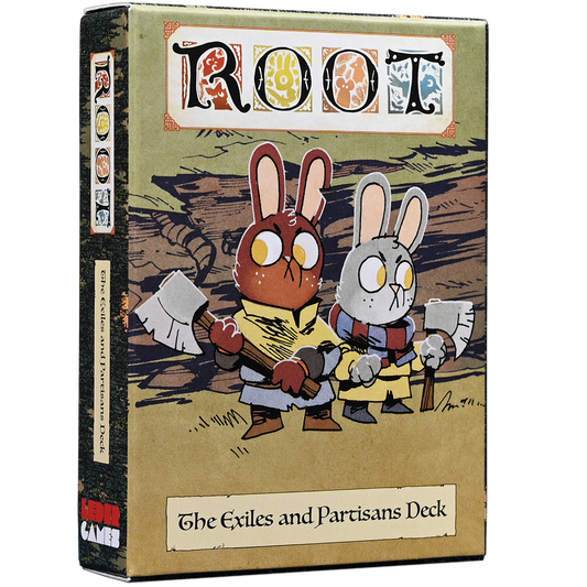 Root The Exiles and Partisans Deck for Root board game, showing two illustrated rabbits with axes on the packaging.