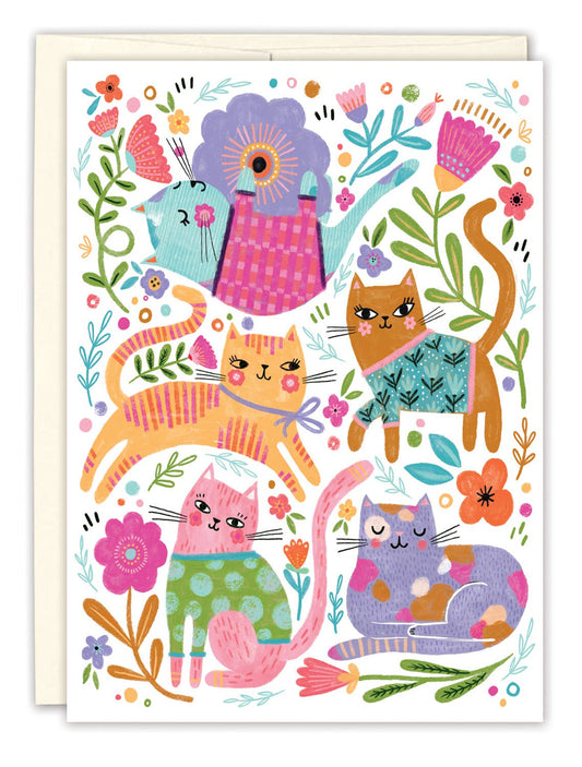 Colorful Cats Blank Card with five patterned cats among bright flowers and plants.