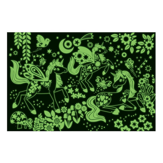 Unicorn Dreams 100 Piece Glow in the Dark Puzzle featuring unicorns, flowers, stars, and butterflies on black background.