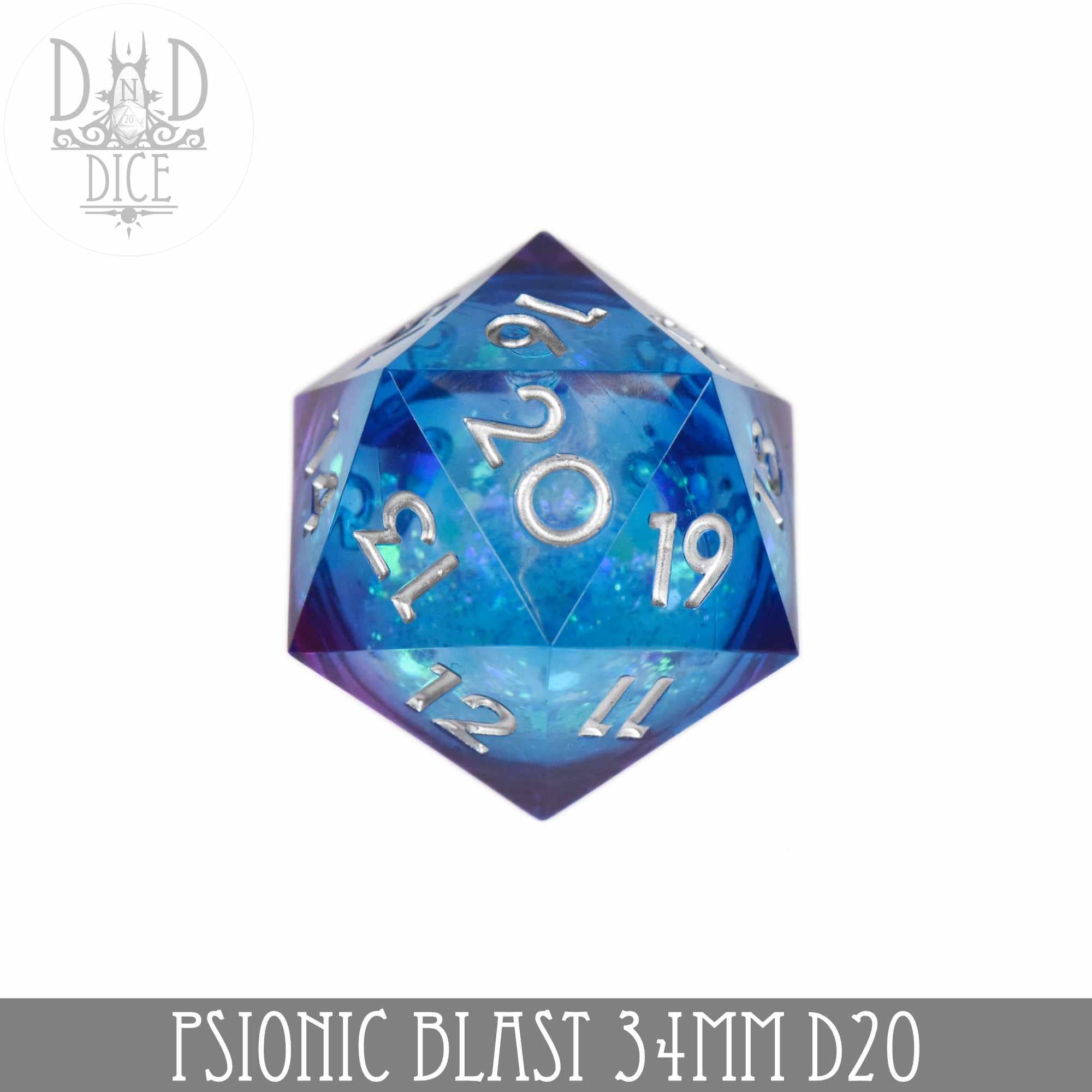 34mm D20 Psionic Blast Liquid Core Countdown die in blue and purple with silver numbers.