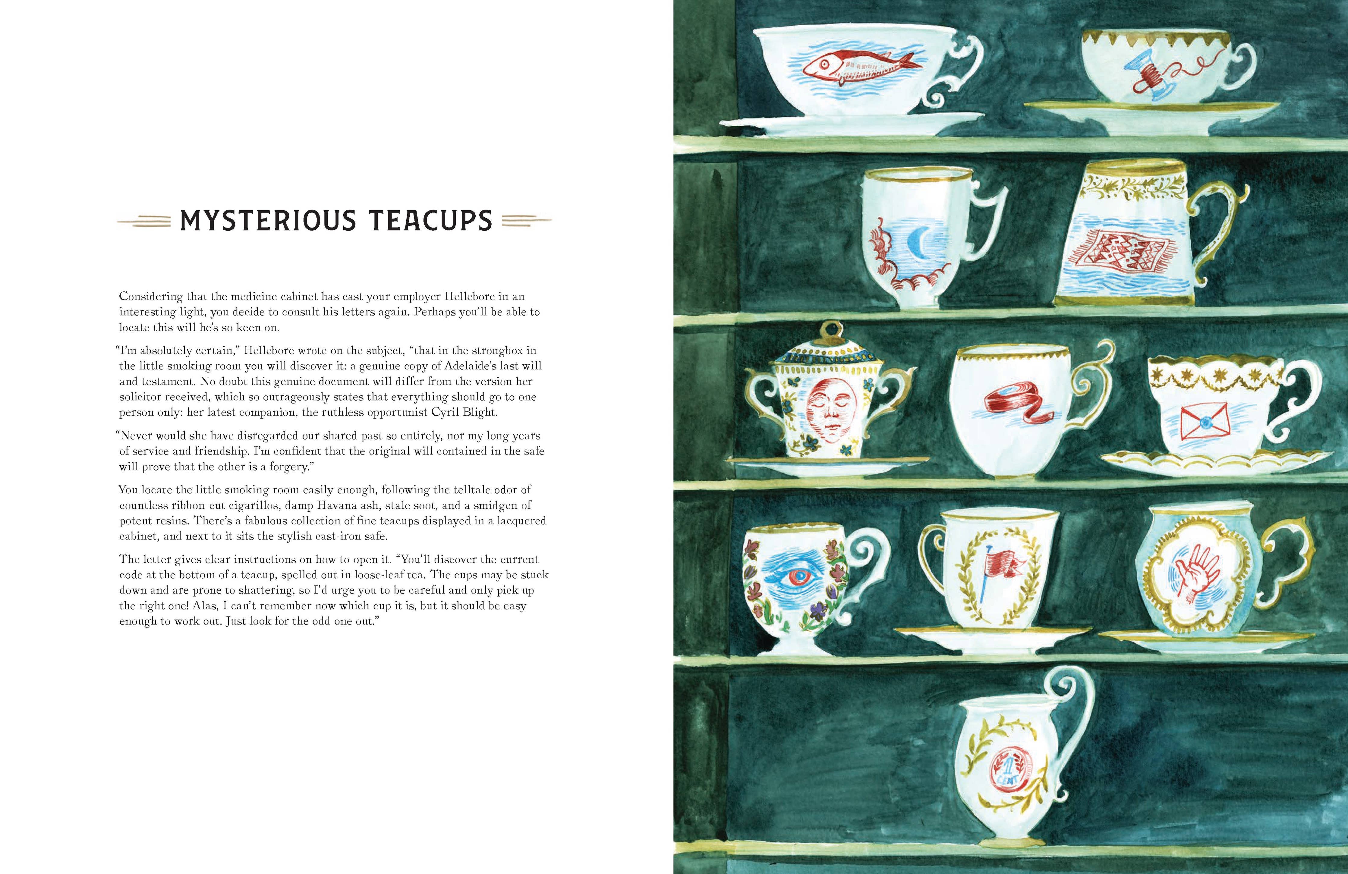 Teacups with unique designs displayed on green shelves, inspired by Murder Most Puzzling: Peril at Quandary Park.