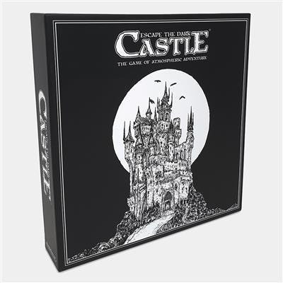Escape the Dark Castle board game box in black and white.