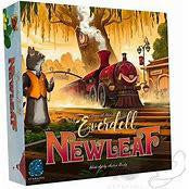 Everdell Newleaf board game box featuring a cat character and steam train at the Train Station Board.