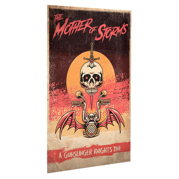 Cypher System: The Mother of Storms poster featuring a skull, sword, bat wings, and magical guns.