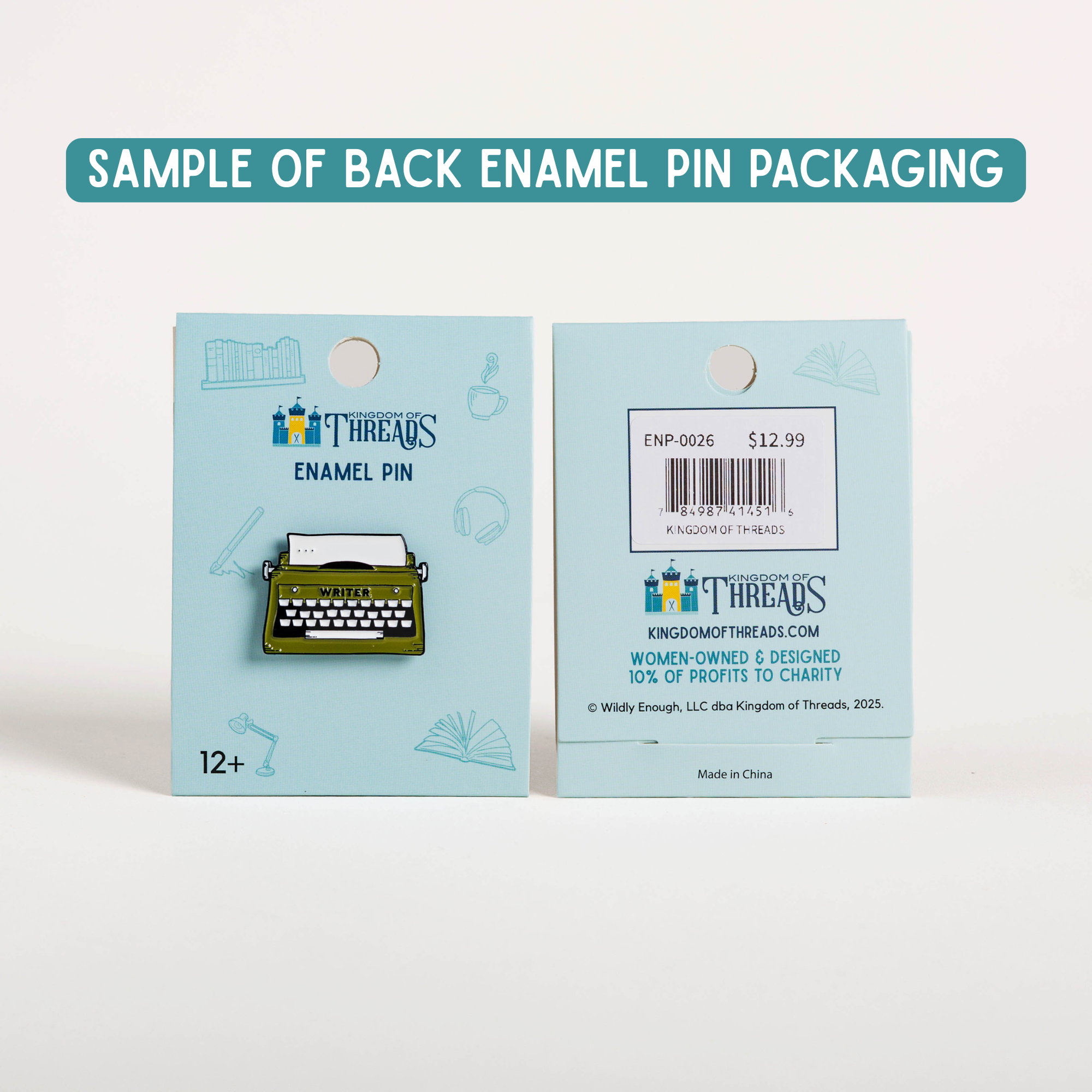 World Builder Black & White Enamel Pin on card; reverse side displays product details and website.