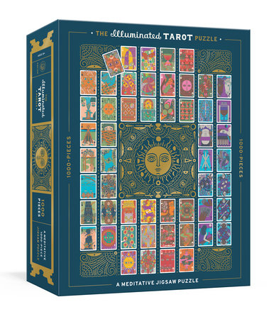 The Illuminated Tarot Puzzle, 1000 pieces featuring tarot card art and a central sun design by Caitlin Keegan.