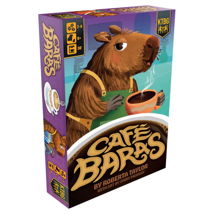 Café Baras game box featuring a capybara in an apron serving coffee at a capybara-themed café.
