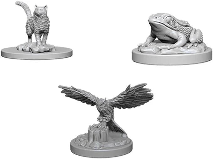 D&D Nolzurs Unpainted Miniatures Familiars W4: gray cat, toad, and bird on round bases.