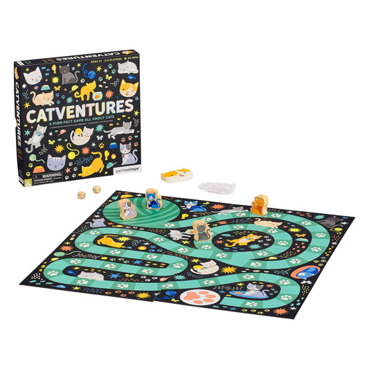 Catventures Board Game with four cat tokens, dice, cards, and game board made from recycled materials.