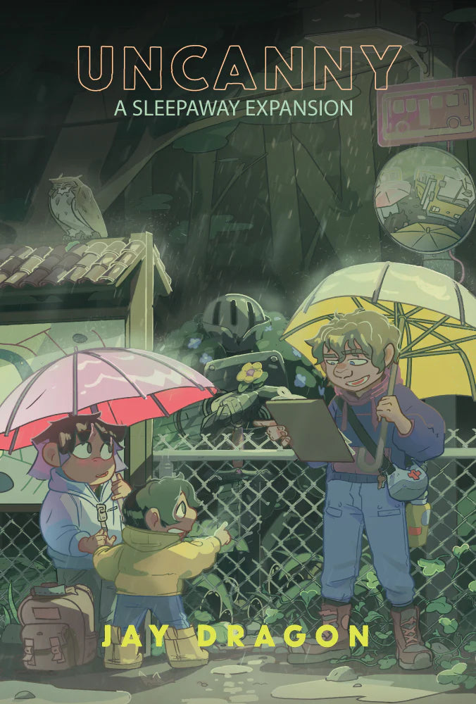 Three people with umbrellas stand by a fence in rainy woods; an owl and robot suggest a summer camp mystery.