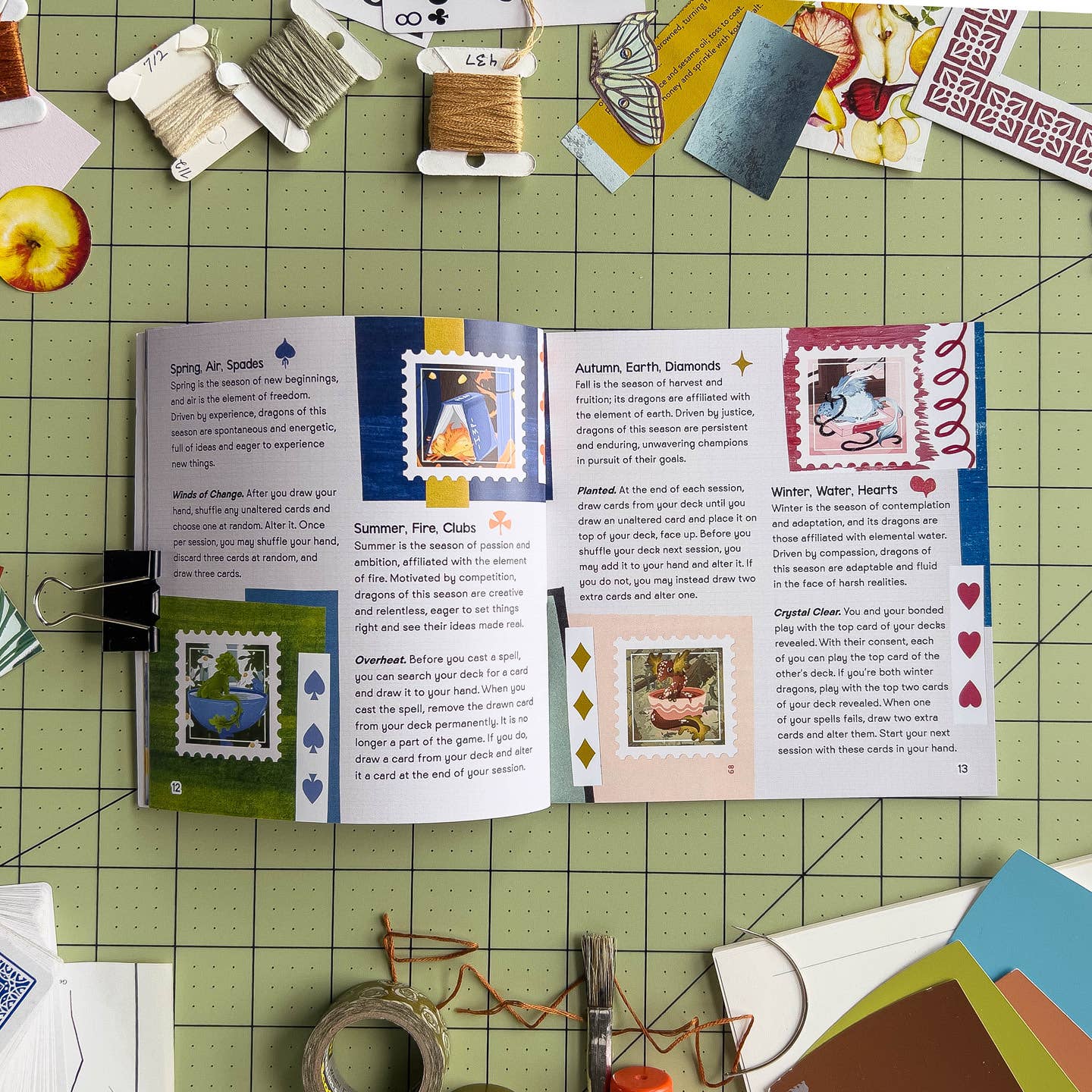 Bonds Between rulebook showing elemental abilities and seasonal card crafting mechanics.