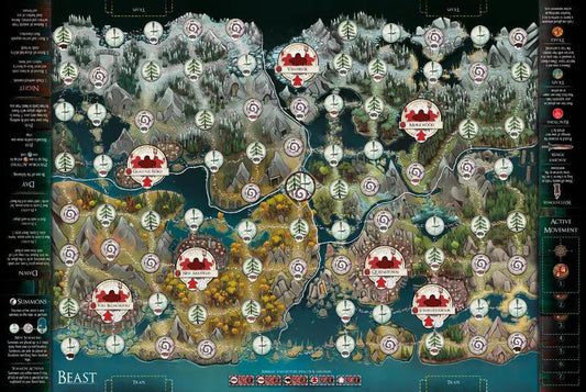 Fantasy map for Beast game with forests, rivers, mountains, settlements, trails, and icons shown.