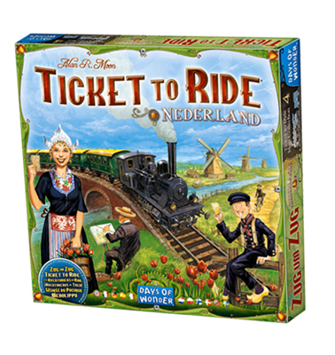 Ticket to Ride Nederland Map Collection 4 board game with vintage trains, windmills, tulips, and bridge toll tokens.
