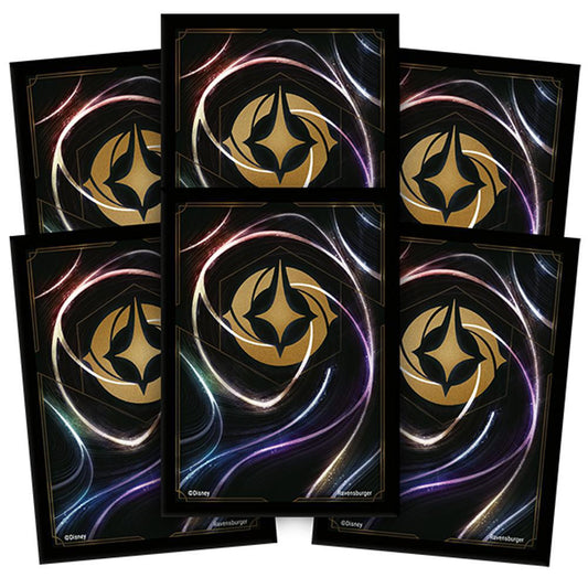 Six Lorcana: Shimmering Skies sleeves with gold designs and purple, blue, and white patterns on black.