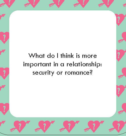 After Dinner Amusements: How Well Do You Know Me? card, security vs. romance, pink broken hearts border.