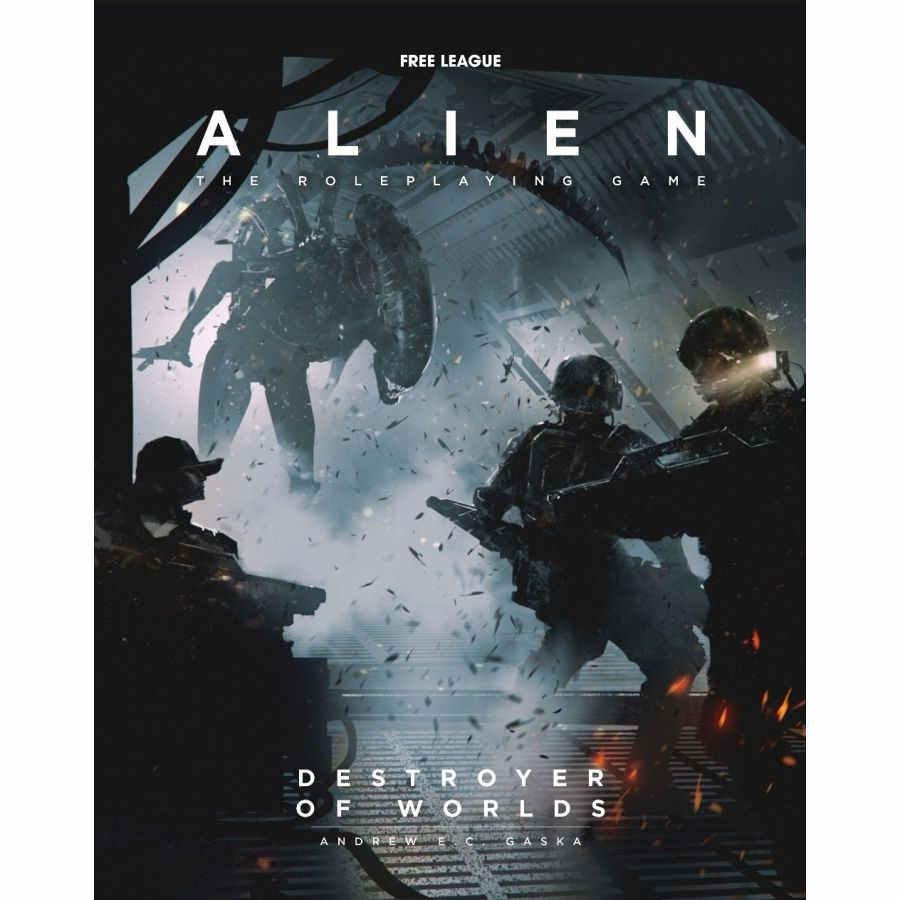 ALIEN RPG: DESTROYER OF WORLDS cover featuring four Colonial Marines and an alien.