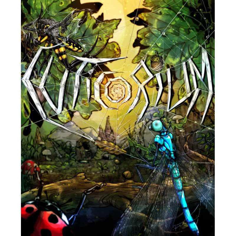 Cuticorium insect TTRPG adventure with illustrated insects in a forest and “Cuticorium” in web-like letters on the cover.