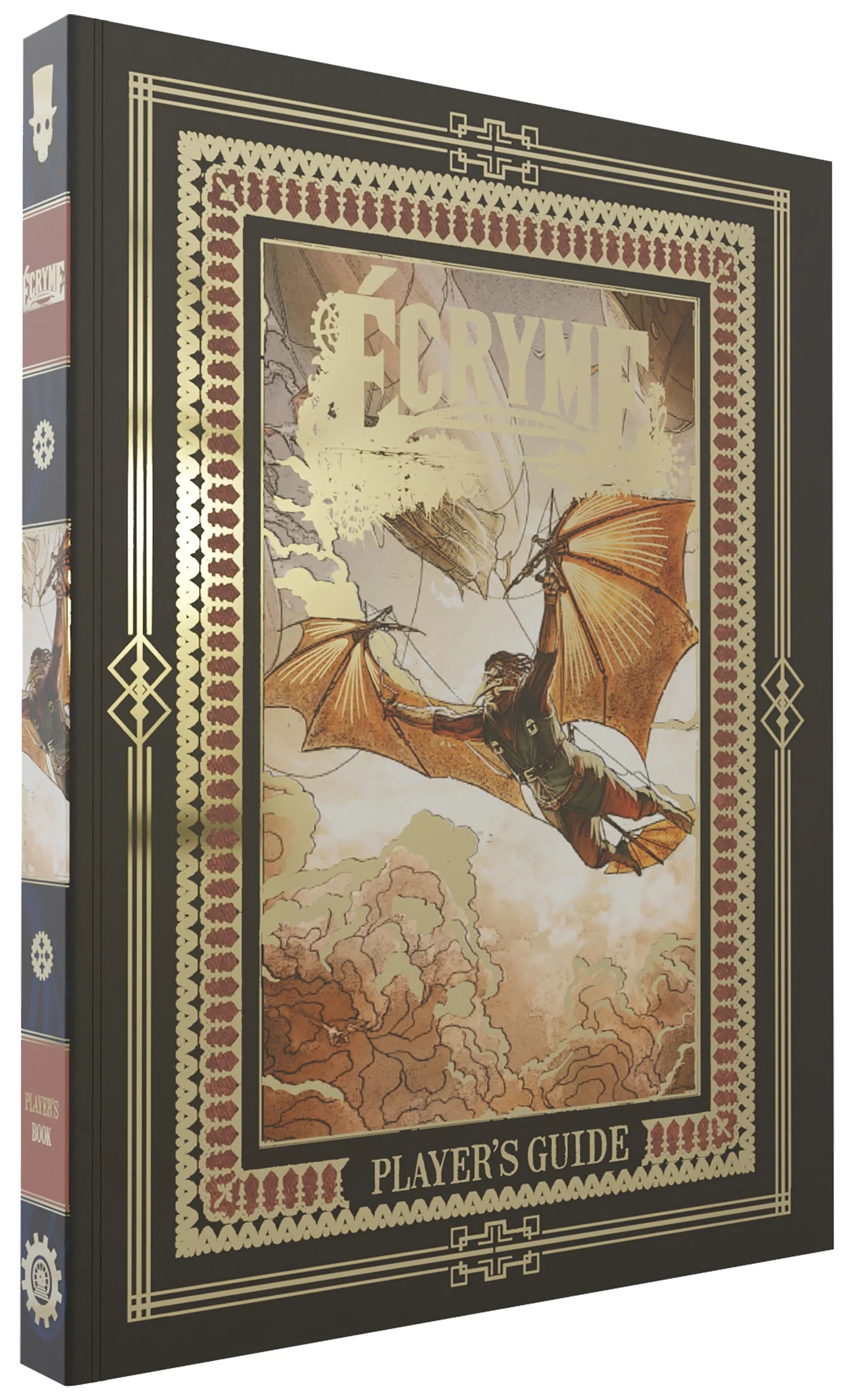 Ecryme Players Guide cover displaying a person on a winged creature in a cloudy, steampunk-themed sky.