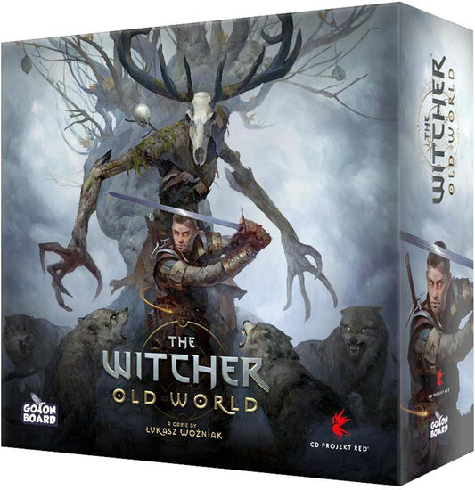 The Witcher Old World board game box featuring artwork of a warrior battling wolves and an antlered monster.