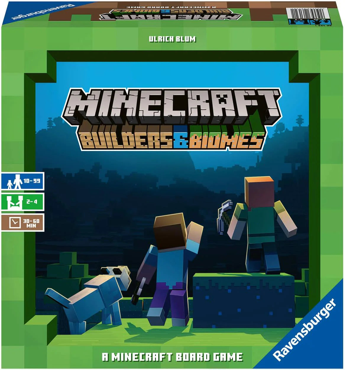 Minecraft Builders and Biomes Board Game by Ravensburger with Mojang characters and a wolf.