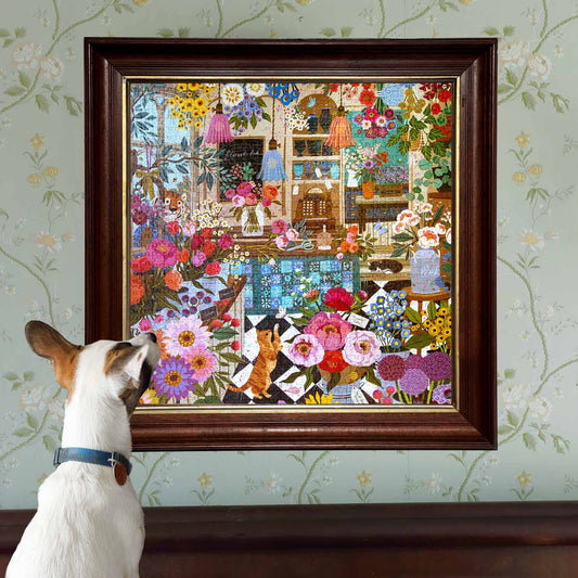 English Flower Shop 1000 Piece Puzzle by Victoria Ball, with a dog, flowers, plants, and a cat nearby.