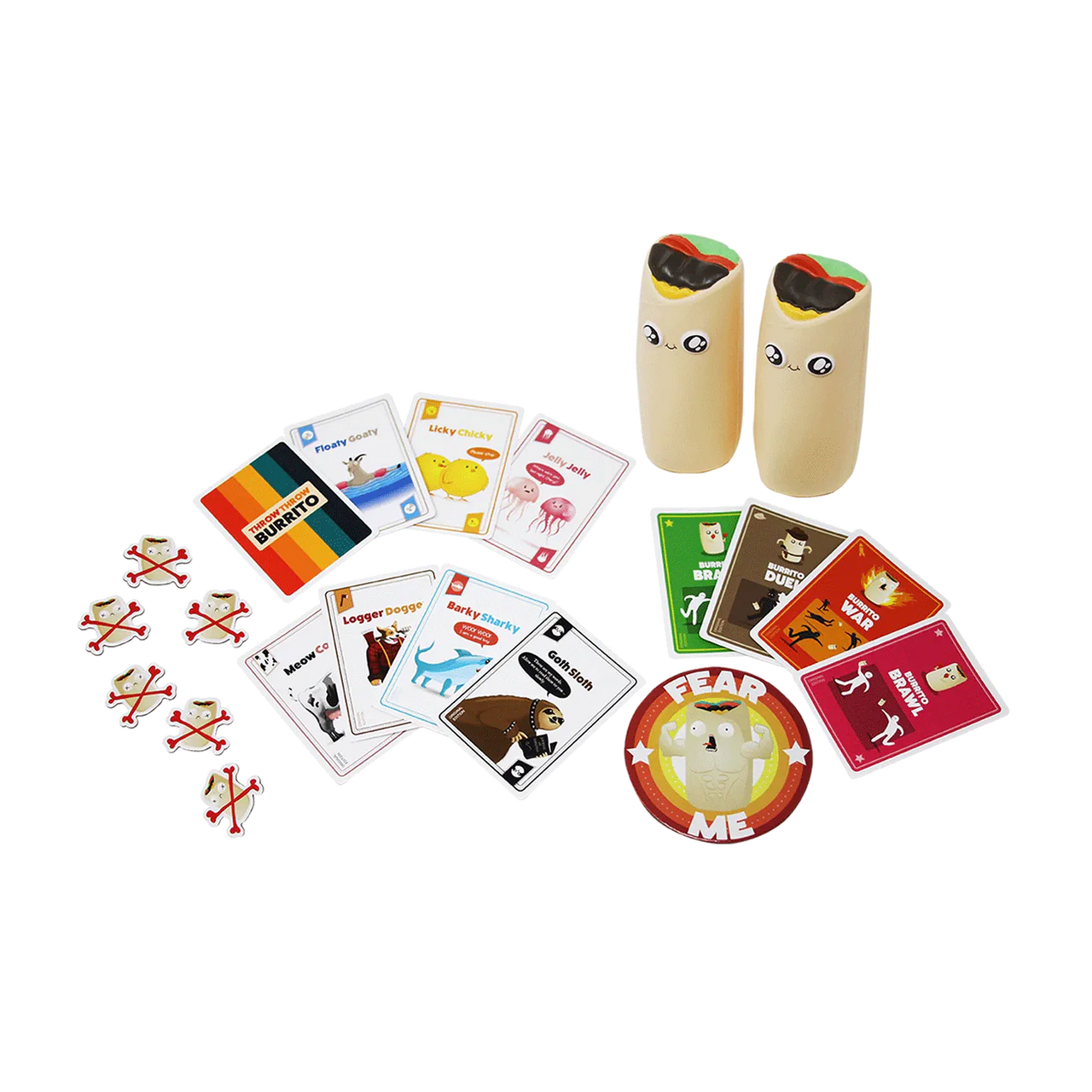 Throw Throw Burrito game set with cards, tokens, two foam Burritos, and a FEAR ME badge on a white background.