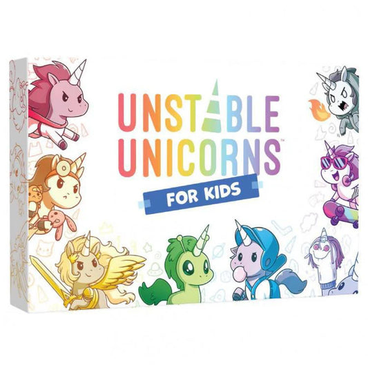 Unstable Unicorns: Kids Edition card game box with cartoon unicorns and rainbow title.