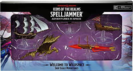 D&D: Icons of the Realms Ship Scale Welcome to Wildspace box with five fantasy ship miniatures on a purple surface.