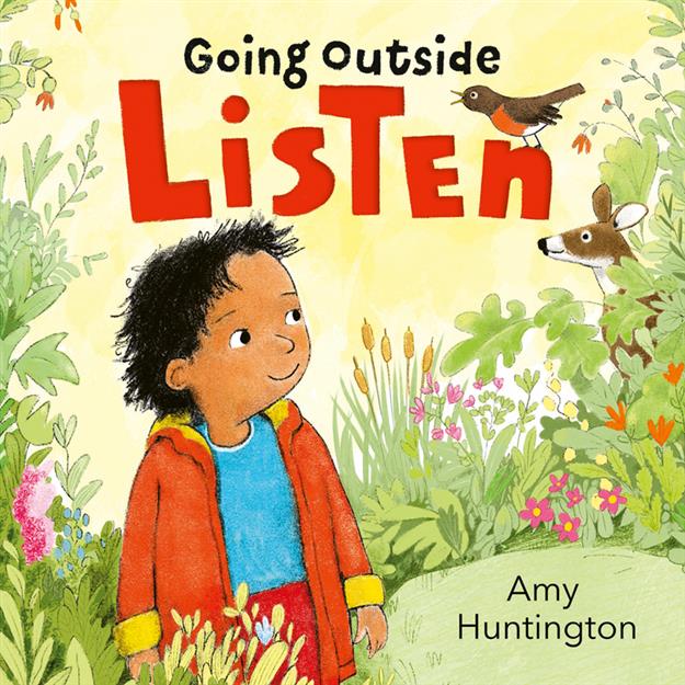 Going Outside, Listen by Amy Huntington, featuring a child in a red jacket outdoors with animals.