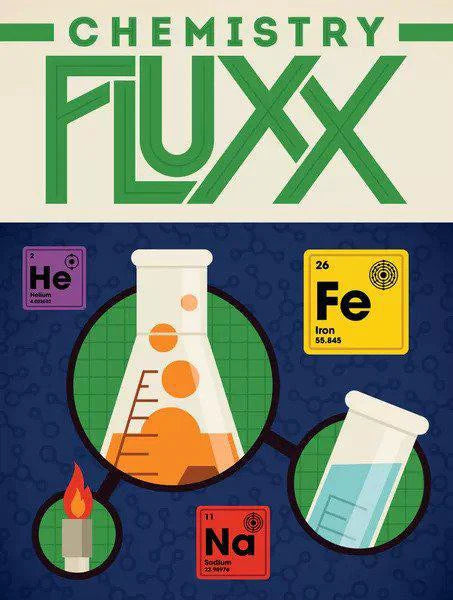 Chemistry Fluxx card game box featuring beaker, test tube, flame, and He, Fe, Na element cards on cover.