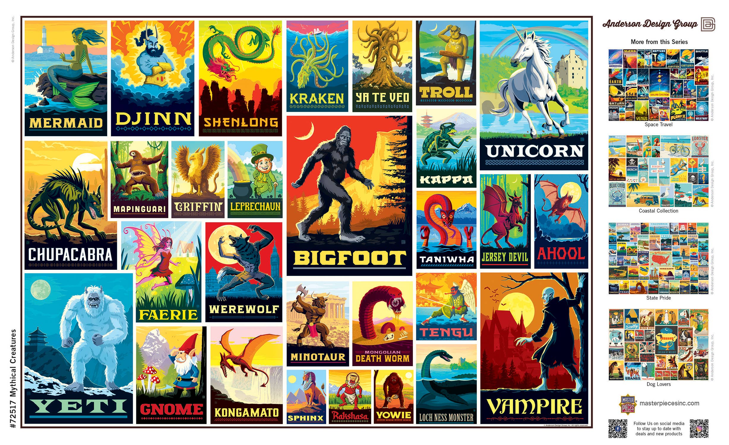 Vintage Posters - Mythical Creatures 1000 Piece Jigsaw Puzzle featuring a grid of mythical monsters on the puzzle image.