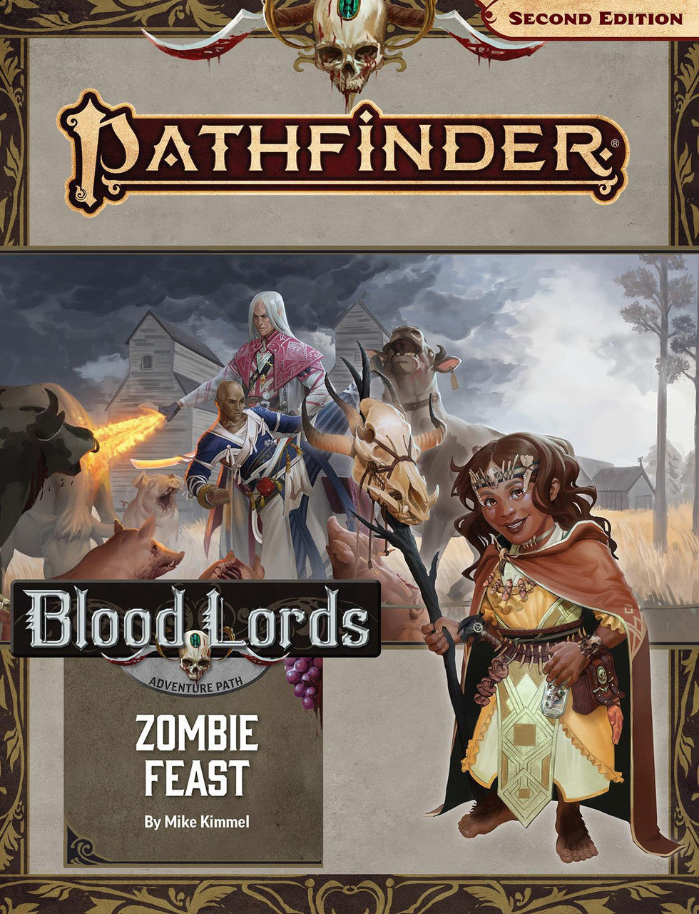 Pathfinder 2E Adventure Path: Zombie Feast (Blood of Lords 1/6) cover featuring heroes and zombies in rural farm setting.